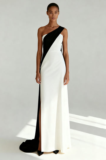 Simple One Shoulder Black and White Sheath Evening Dress